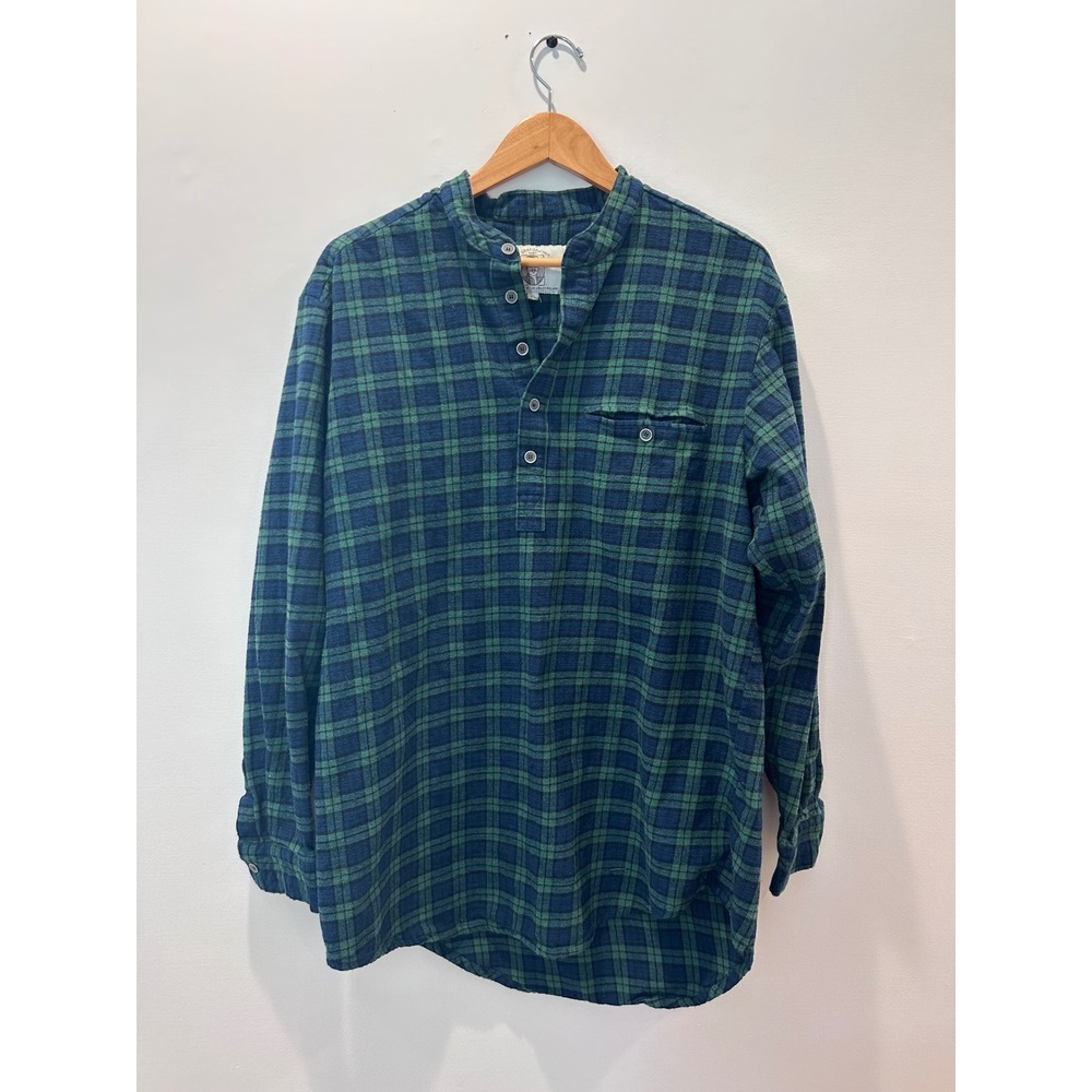 Lee Valley Grandfather Shirt Mens XL Green Blue Plaid Flannel Band Collar